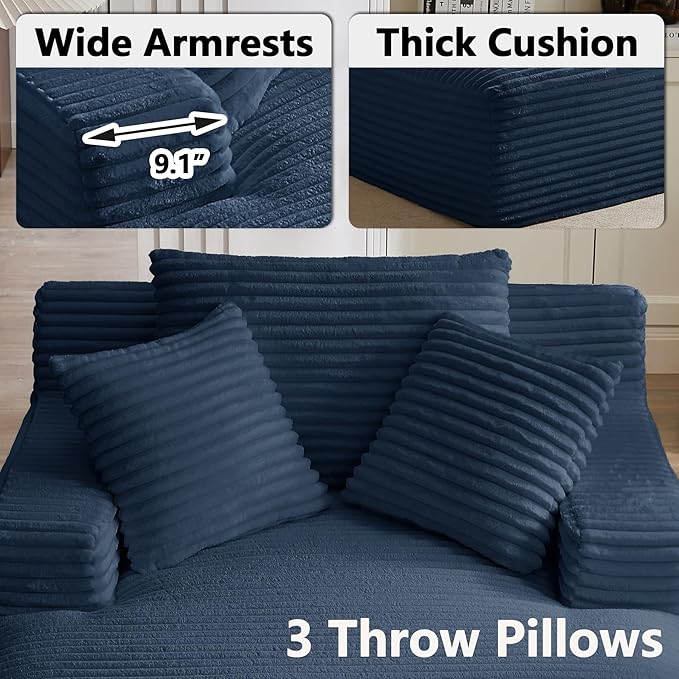 67 Inch Boneless Couch Oversized Chaise Lounge Sofa Corduroy Chaise Lounge Chair Indoor with Comfy Pillows for Living Room Bedroom Foam Filling No Assembly (Blue)
