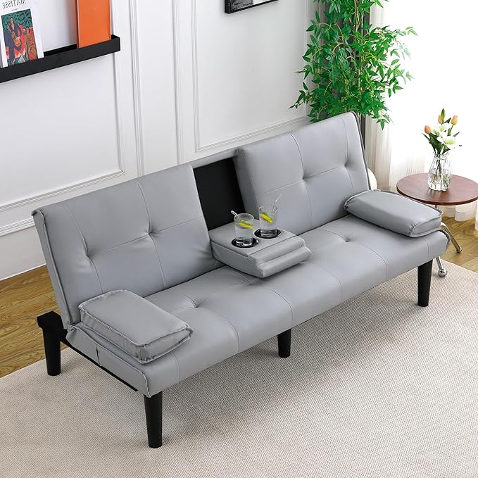67Modern Futon Sofa BedConvertible 3 in 1 Sleeper Bed Couches with Adjustable BackrestCup HoldersComfy PU Leather Recliner Sofa Loveseat with Chrome Legs for Small Home Living Room (Grey)
