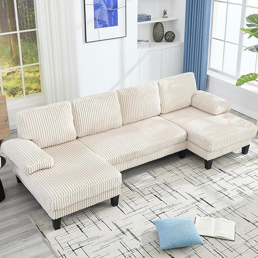 114.2” W Corduroy Sectional Sofa for Living Room U-Shaped Couch with Double Chaises and Comfortable Backrest Modern 4-Seater Deep Cloud Sofa for Small Spaces(Beige)