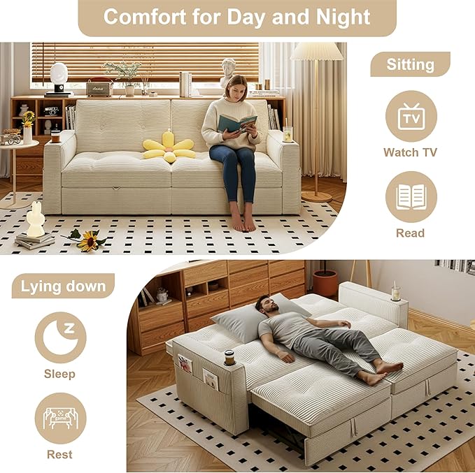 Sleeper Sofa Bed Queen Size Sofa Bed Convertible Pull Out Couch with Adjustable Backrest USB Port and Side Pockets Modern 2 Seater Small Couches for Living Room Space-Saving