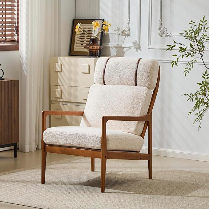 Merax Mid Century Modern Accent Chair High Back Armchair with Beige Boucle Upholstered Cushions and Solid Wood Frame Ergonomic Lounge Chair for Living Room/Bedroom/Reading Nook