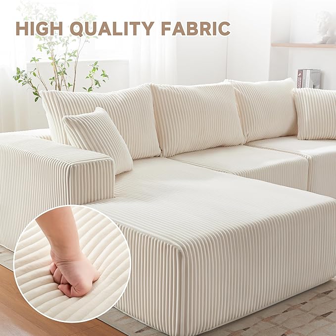 HUATEAN 108” Modular Sectional Sofa Cloud Sectional Couch with Deep Seat Modern Modular L-Shape Sofa Couch with ChaiseUpholstered Couches for Living Room Bedroom (CorduroyLvory)