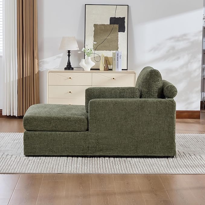 KEIKI 60 Chaise Lounge Chair Indoor Modern Deep Seat Sofa Bed Corduroy Couch with Cushions Single Sleeper Chair for Living Room Bedroom Apartments Green (Right Side)