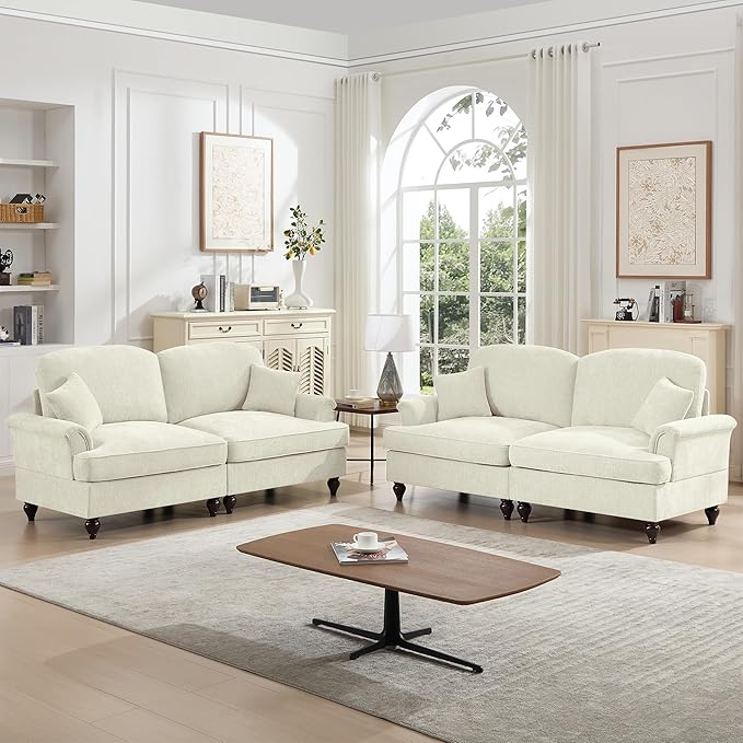 2 Piece Modular Sectional Couch Living Room Sofa Set 2 Seater+2 Seater Loveseat Sofa Sets for ApartmentRemovable Ruffles Pleats SkirtsBeige White