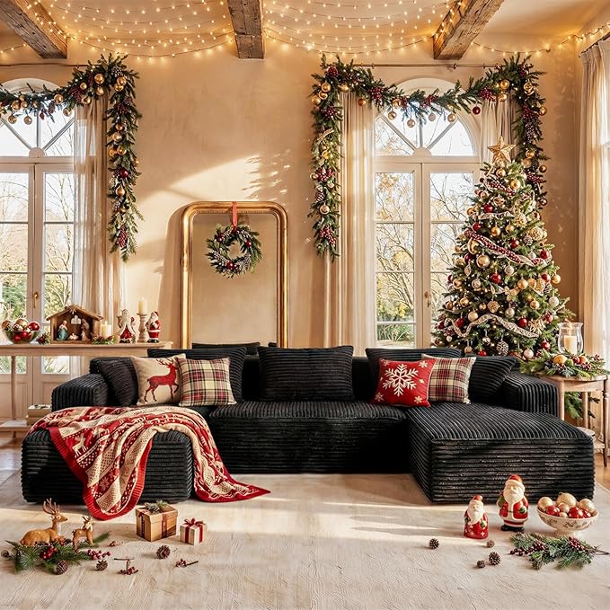 FUFU&ampGAGA 134” U Shaped Sectional Couch for Living Room Corduroy Cloud Sofa with Pillows Modern Boneless Sofa Couch with Chaise No Assembly Required Black 134”W x 61.8”D x 25.6”H