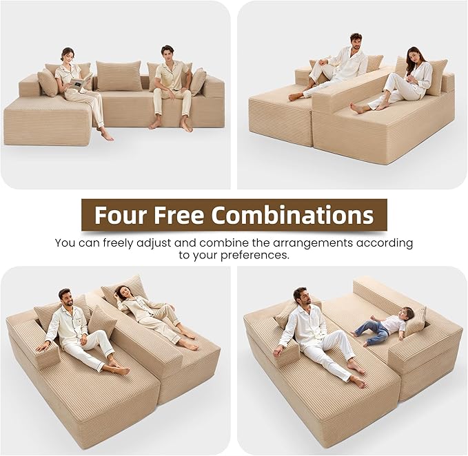 105 Modular Sectional Couches for Living RoomBoneless Couch with L-Shape ChaiseComfy Corduroy Sectional SofaNo Assembly RequiredBeige