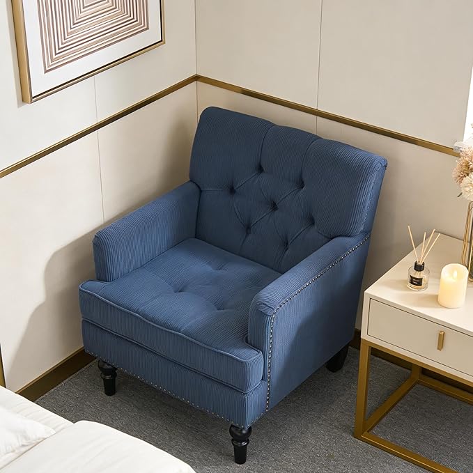Accent Chair for Living Room Mid-Century Armchairs for Small Spaces Chenille Upholstered Comfy Reading Armchair with Studded for Bedroom (Blue)