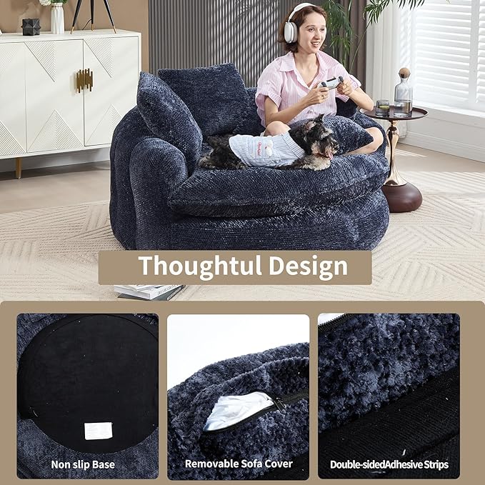 55 inch Oversized Round Chair Fluffy Chenille Boneless Sofa with Extra Deep Seat for Living Room Lounge (Blue)