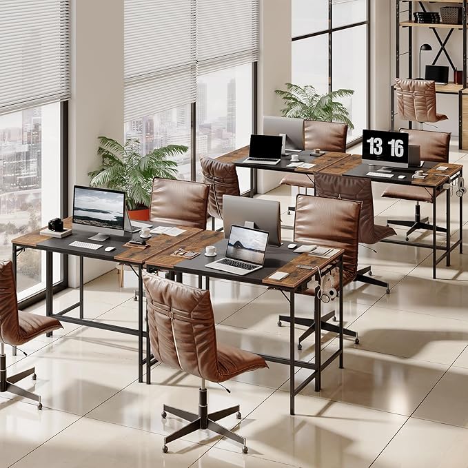 HOOBRO Computer Desk Home Office Desk with Power Outlet Modern Study Writing Desk with 3 Hooks for Study Room Home Office Sturdy and Stable Easy to Assemble Rustic Brown and Black BF41UDN01
