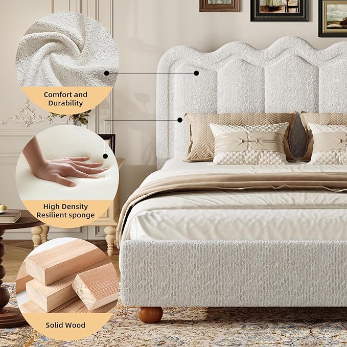 Queen Size Bed Frame with Headboard Boucle Bed Frame Soft Upholstered Platform Cloud Bedframe with Footboard Solid Wood Legs Solid Wooden Slats Support No Box Spring Required Easy Assembly