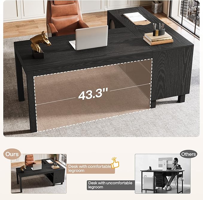 Tribesigns 59 L Shaped Desk with File Cabinet Executive Office Desk with Storage Shelves Modern Wood Computer Desk Coner Writting Desk for Home Office Work Study (Black)