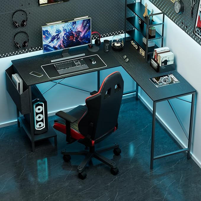 L Shaped Desk - 50 Reversible Home Office Computer Desk Wood Top Metal Frame Side Bag Sturdy Gaming Desk Corner Table for Work Writing and Study Space-Saving