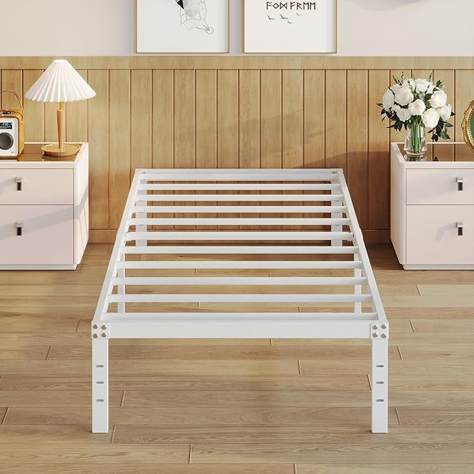 14 Inch Twin Bed Frames No Box Spring Needed Heavy Duty Metal Twin Platform Bed Frame with Large Underbed Storage Space Noise Free Easy Assembly White