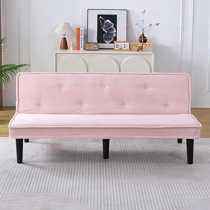 Convertible Futon Sofa Bed Faux Leather Futon Couch with Adjustable Backrest and Usb Port Modern Folding Couch For Small Spaces Living Room Sleeper Bed for Living RoomBedroomOffice (Pink)