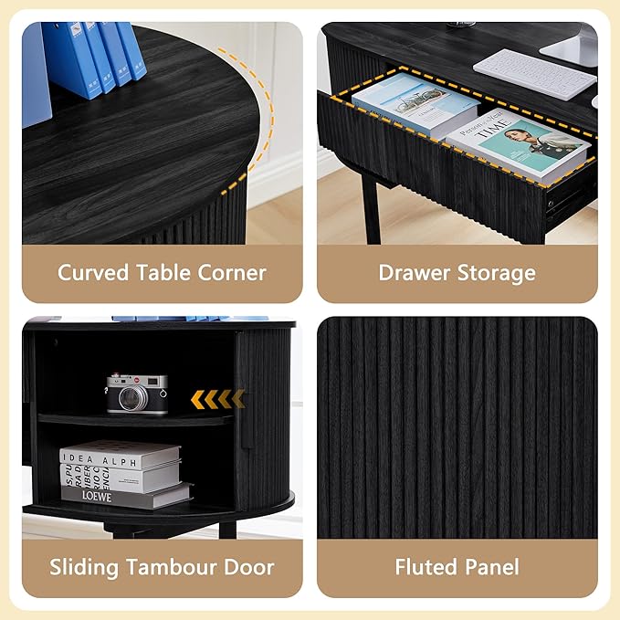 ORRD Home Office Oval Desk with Sliding Tambour Door and Drawer Modern Fluted Wood Executive Computer Storage Desk for Study Living Room Bedroom Office - Black