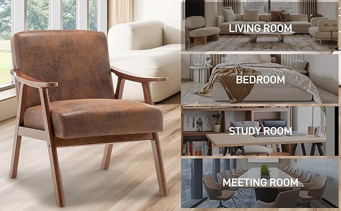 Mid-Century Modern ChairUpholstered Armchair Living Room Chair with Solid Wood Frame Comfy Reading Chairs Lounge Side Chair for Living RoomBedroomBelcony. (Brown+Fabric)