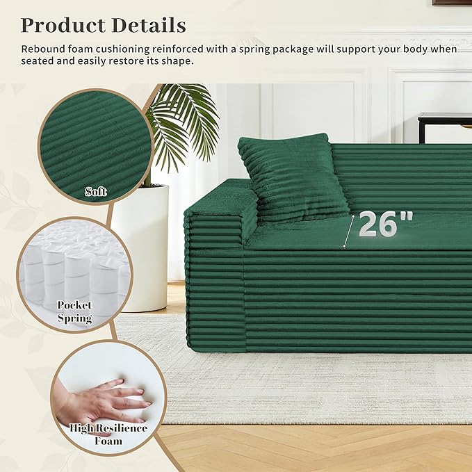 75 Cloud Loveseat Sofa 26 Deep Seat Boneless Couches for Living Room Modern 3 Seater Sofa with Throw Pillows Corduroy Compression Sofa in Box No Assembly Couch for Bedroom Dorm Dark Green
