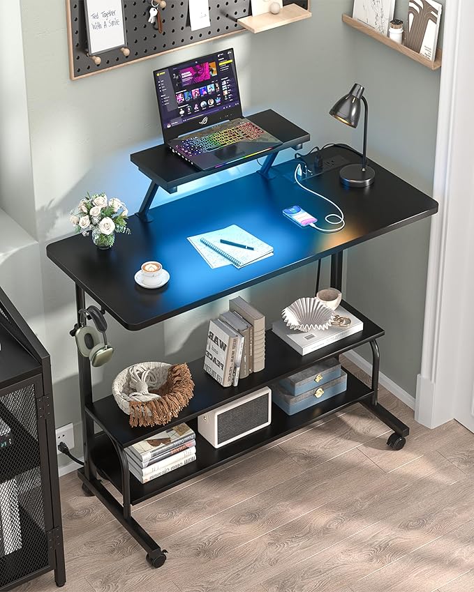 Height Adjustable Standing Desk with Power Outlets and LED Lights - 39 Manual Stand Up Desk with Monitor Stand and Storage Shelves Small Mobile Rolling Computer Desk Portable Laptop Table Black