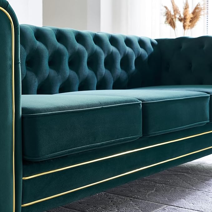 Homtique 84 Modern Green Velvet Chesterfield Sofa 3-Seater Button Tufted Rolled Arms Gold Legs
