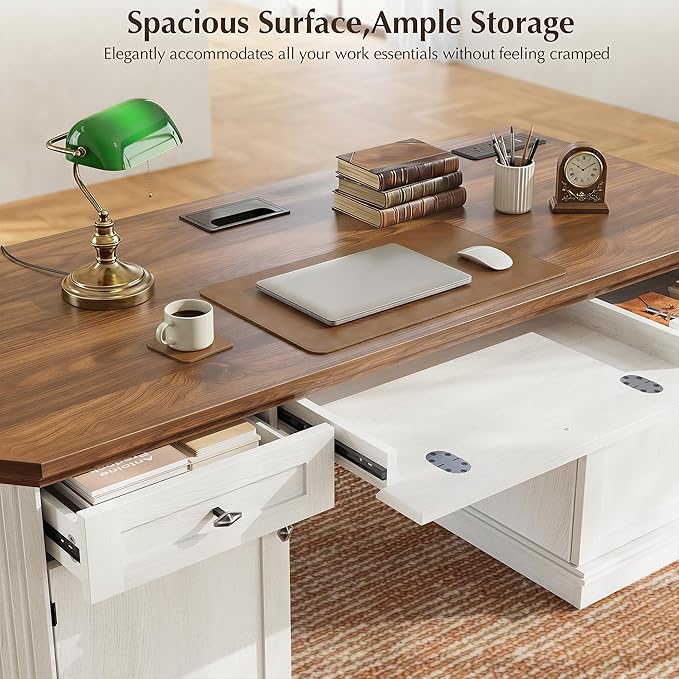 59 Classic Executive Desk with Storage Victorian Executive Desk with Charging Station Keyboard Tray 3 Drawers &amp Cabinet Storage &amp Pedestal Easy Assembly White