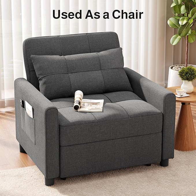 Ahomly Convertible Sofa Bed 3-in-1 Multi-Functional Sleeper Chair Bed Adjustable Backrest Recliner with Modern Linen Fabric for Living Room Bedroom Apartment Small Space Dark Grey
