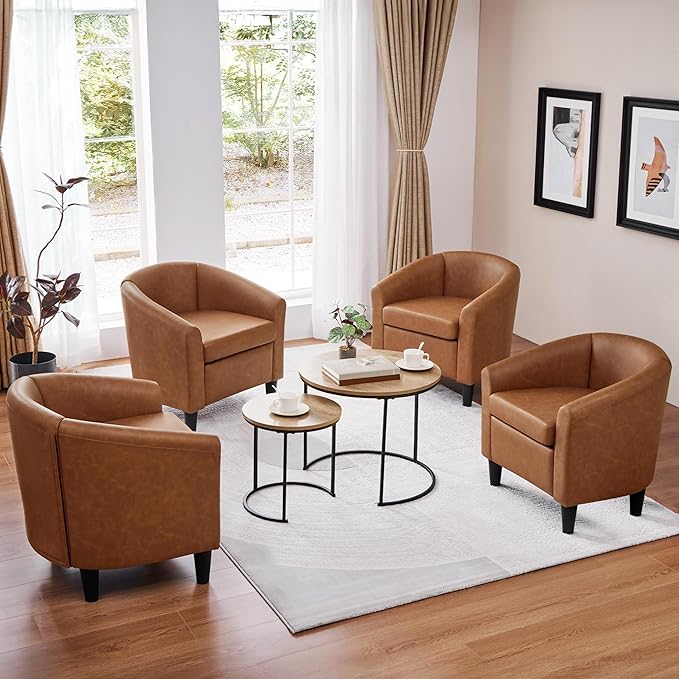 Topeakmart Leather Accent Chair PU Leather Modern Barrel Chair Club Armchair with Soft Padded for Living Room Bedroom Brown Set of 2