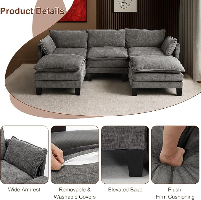 111” Modular Sectional Sofa L Shaped Cloud Couch with Ottoman Chenille Deep Seat Sofa with Pillow for Living Room Bedroom and Apartment4 Seats Light Grey