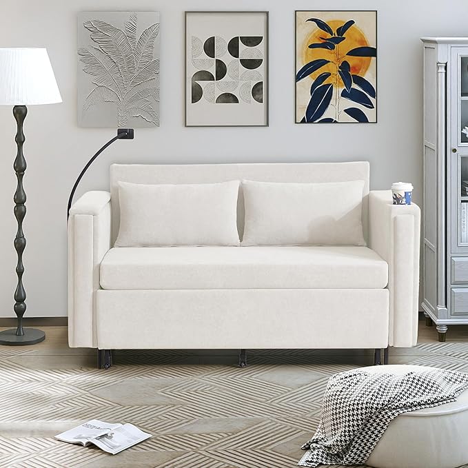 3-in-1 Convertible Sleeper Sofa Couch with Pullout Bed Loveseat Sleeper Sofa Bed with Hidden Side Table 56 Full Size Folding Futon Couch for Living Room Guest Room Apartment Home Office (Beige)