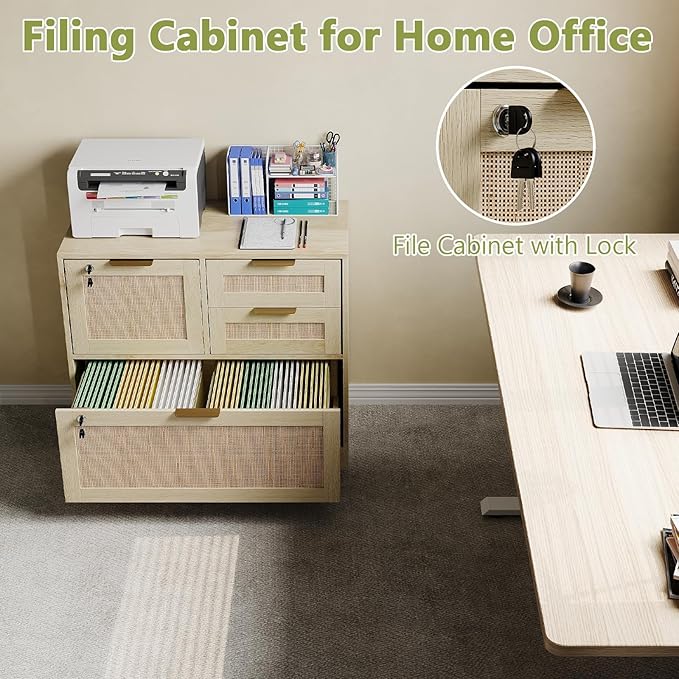 HOPUBUY Lockable 4 Drawers File Cabinet Set of 2 Lateral Filing Cabinet with Printer Stand for Home Office and School Wood Rattan File Cabinet for Hanging Files/Letter/Legal/A4/F4 Size Oak