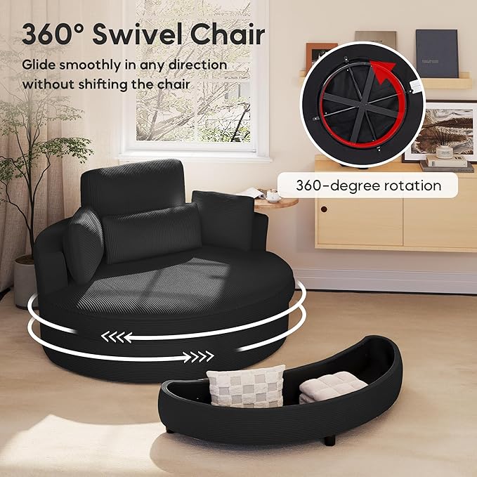 Yoglad Oversized Round Swivel Accent Chair with Ottoman &amp Wooden Armrest Tray – 360° Rotation and Stylish Modern Corduroy Fabric Perfect for Living Room/Apartment/Studio(Black)