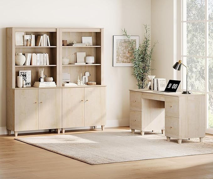 WAMPAT Light Oak Wood Desk with 4 Deep Drawers 58 Inch Modern Home Office Desk with Storage &amp Charging Station Wooden Large Executive Desk Work &amp Study Writing Computer Desk