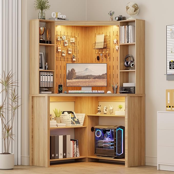 Corner Desk with - LED Reading Light L-Shaped Computer Desk w/Hutch &amp Shelves Home Office Desk w/Charging Station for Work &amp Study File Cabinet Storage Bookshelf for Small Space (Natural)