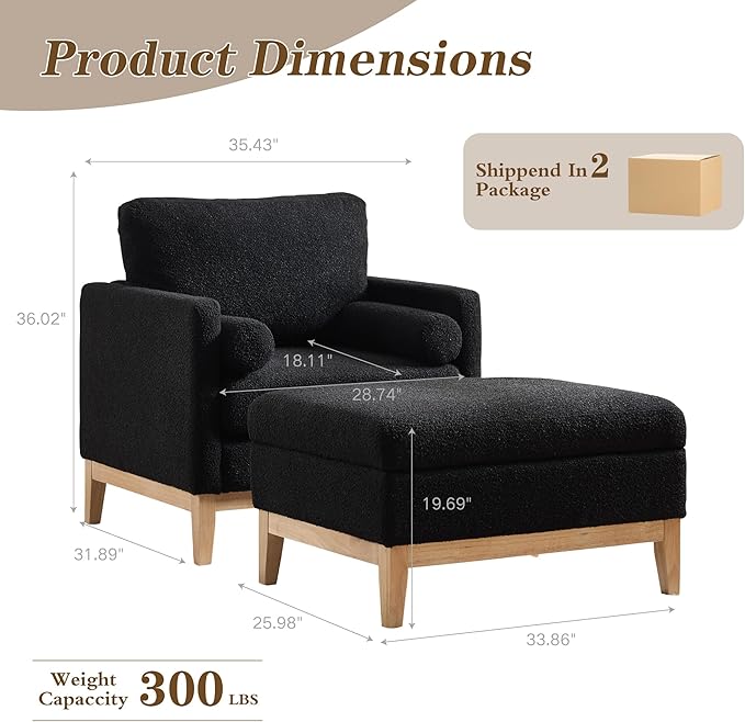 Mlmh &amp Kngwa 35.43 W Accent Chairs with Ottoman Upholstered Accent Chairs Ottoman Set with Natural Wood Legs Single Sofa Wingback Armchair for Living Room Bedroom Black
