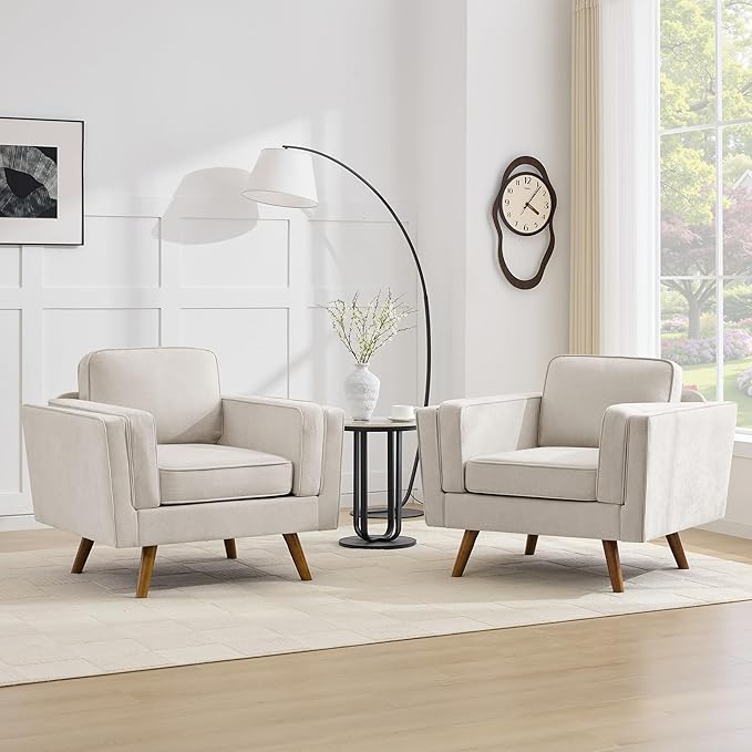 Kingfun Modern Accent Chair Set of 2 Living Room Chairs Chenille Reading Armchair Mid Century with Dual-Layer Armrests Solid Wood Frame Easy Assembly for Small Spaces Khaki