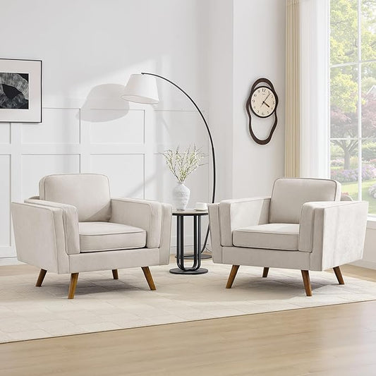 Kingfun Modern Accent Chair Set of 2 Living Room Chairs Chenille Reading Armchair Mid Century with Dual-Layer Armrests Solid Wood Frame Easy Assembly for Small Spaces Khaki