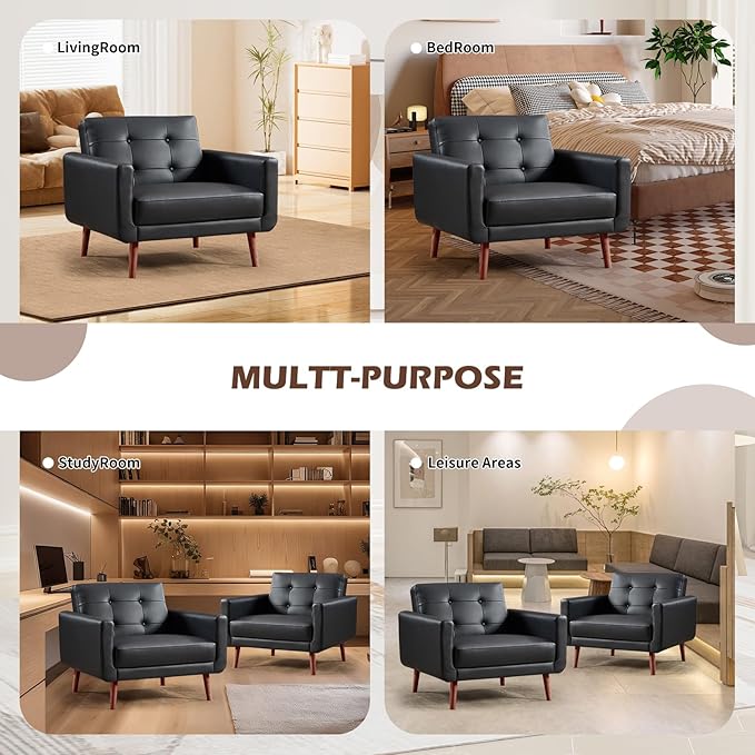 CANMOV 29 W Oversized Leather Accent Chair Armchair Button Back Mid Century Modern Accent Chairs for Living Room Modern Upholstered Bed Room Chair Cozy Armchair with Wood Legs Black