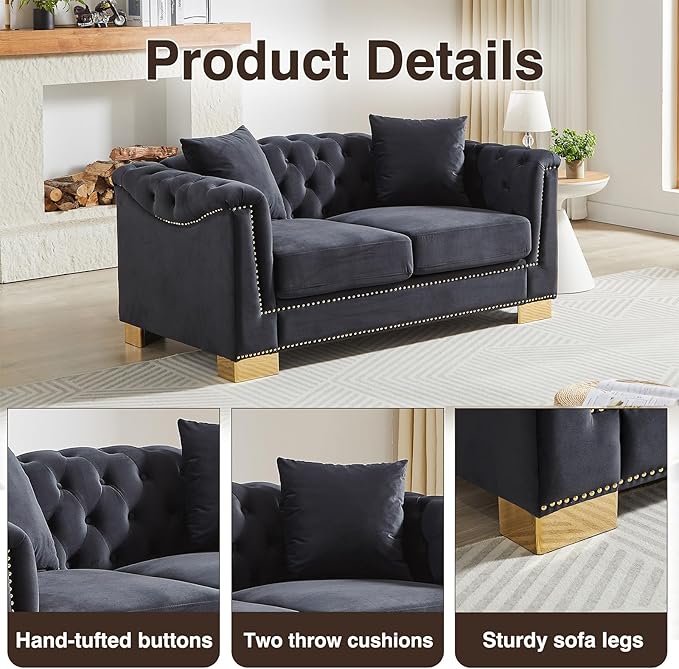 62 inch Chesterfield Loveseat Sofa 2 Seater Mid Century Modern Sofa Couch with Gold Rivet Decoration Cloud Comfy Velvet Upholstered Button-Tufted Couch for Living Room Office Black
