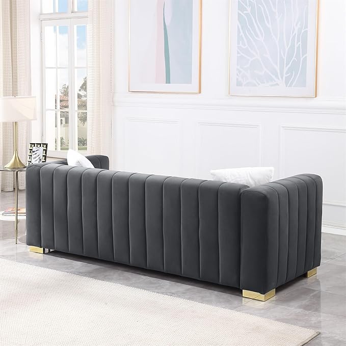 Familymill 87'' Modern Premium Velvet 3-Seater Sofa Couch with Metal Base Legs and 2 Pillows for Living Room/Bedroom