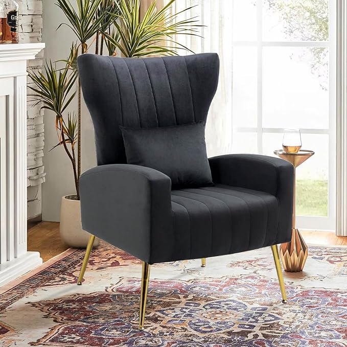 Velvet Accent Arm Chairs Set of 2 with Wingback &amp Lumbar Pillow Modern Armchairs for Living Room Bedroom Guest Reception Side Chairs for Office Gold Finish Black