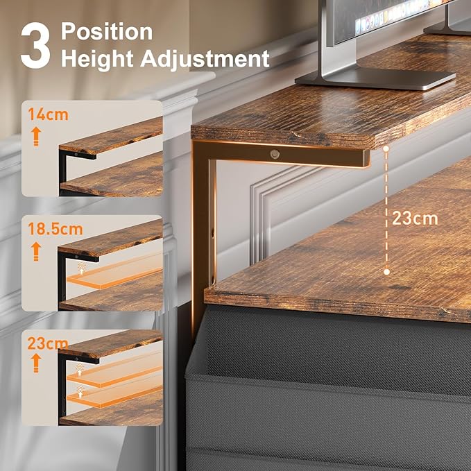 HLDIRECT Computer Desk with LED Lights 40Inch Gaming Desk with Monitor Stand &amp Side Storage Shelves Writing Study Table with Storage Bag for Home Office and Bedroom Brown