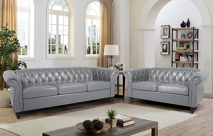 RARZOE Modern 2 Pieces Living Room Sofa Set Tufted Button Faux Leather Chesterfield Three-Seater Couch and Chesterfield Loveseat with Nailhead Trim Scroll Arms for Home Furniture Grey