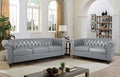 RARZOE Modern 2 Pieces Living Room Sofa Set Tufted Button Faux Leather Chesterfield Three-Seater Couch and Chesterfield Loveseat with Nailhead Trim Scroll Arms for Home Furniture Grey