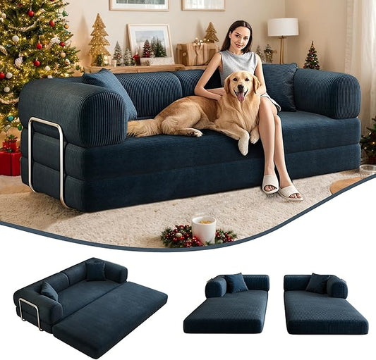 78.8 Modern Convertible Floor Sleeper Sofa Bed Corduroy Modular Boneless Couch with Silver Fixed-Shape Frame No Assembly Futon Cloud Loveseat with Pull-Out Bed for Living Room (Blue)