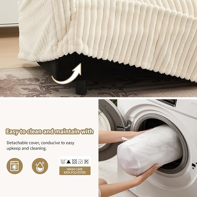 120 Slipcovered Modular Cloud Sectional Sofa Deep Seat Corduroy L Shaped Couch with Removable Covers 3-Seater Sofa with Movable Ottoman for Living Room (Cream) | Slipcovered