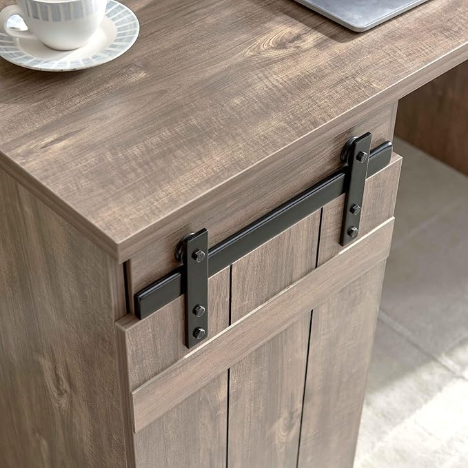 Home Office Desk Hazelnut - One Cabinet Three Shelves - Faux Barn Door Metal Euro Hinges