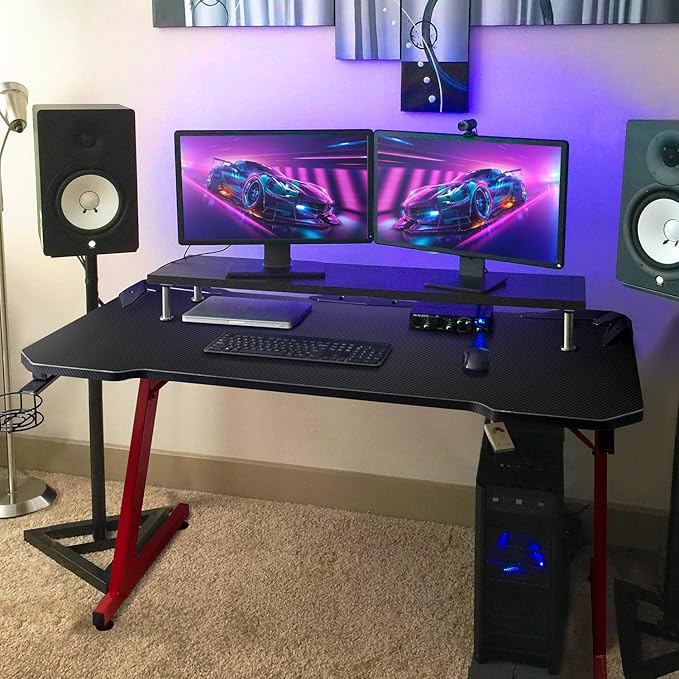 Greesum 44 Inch Z Shaped Computer Gaming Desk Home Office Table with Carbon Fiber Surface Cup Holder &amp Headphone Hook Red (GS-ZGD1RD)