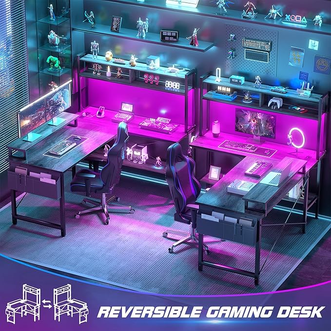 Aheaplus L Shaped Gaming Desk with Power Outlets &amp LED Lights Small L- Shaped Desk Computer Corner Desk with Monitor Stand &amp Storage Shelf Home Office Desk Writing Desk with Storage Bag Gre
