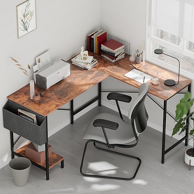L Shaped Desk Gaming Computer 50 Inch Reversible Corner Table PC Work Table for Writing Study Student with Wood Tabletop Metal Frame CPU Stand Side Bag for Home Office Small Place