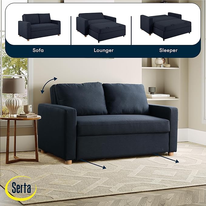 Serta Tulsa 66.1 Convertible Sleeper Loveseat Full Size Dreamcoil Comfort FingerGuard Pinch Point Protection Woven Fabric Navy Blue