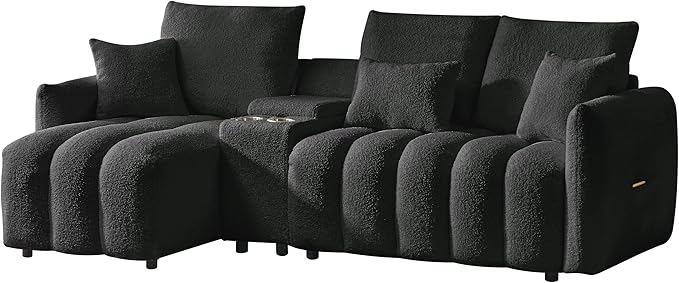 91.7 Modular Cloud Couch L-Shaped Teddy Fabric Sectional with Power &amp USB Ports Deep Seat 3-Seater Cloud Sofa with Storage Console &amp Cup Holders for Living Room Bedroom Apartment Black